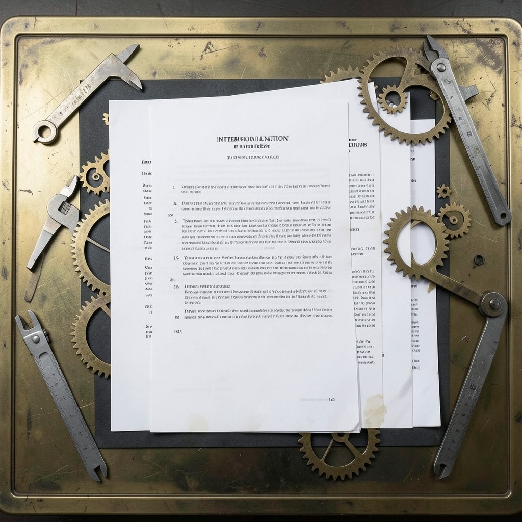 Schéma visuel de documents de stage disposés sur un bureau avec instruments de précision en laiton