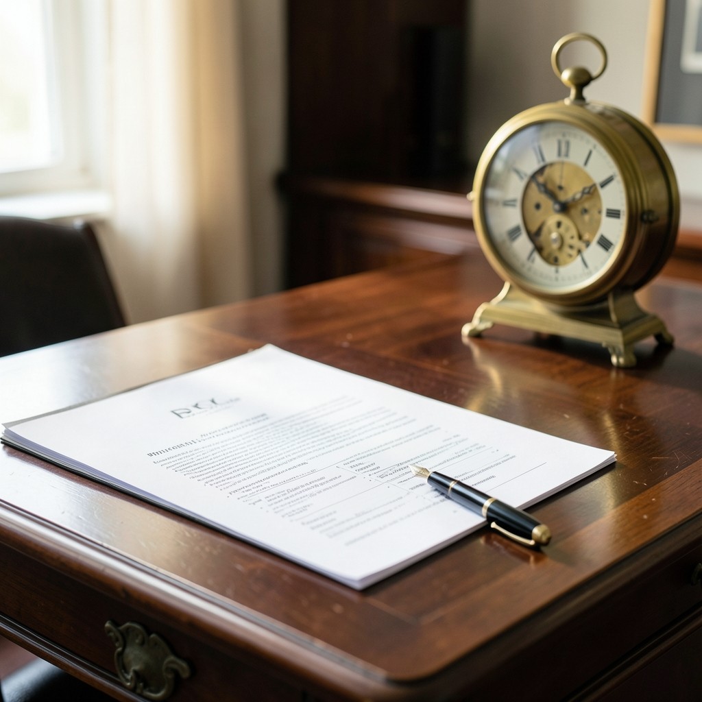 Bureau de consultation juridique avec documents de stage et horloge ancienne en laiton