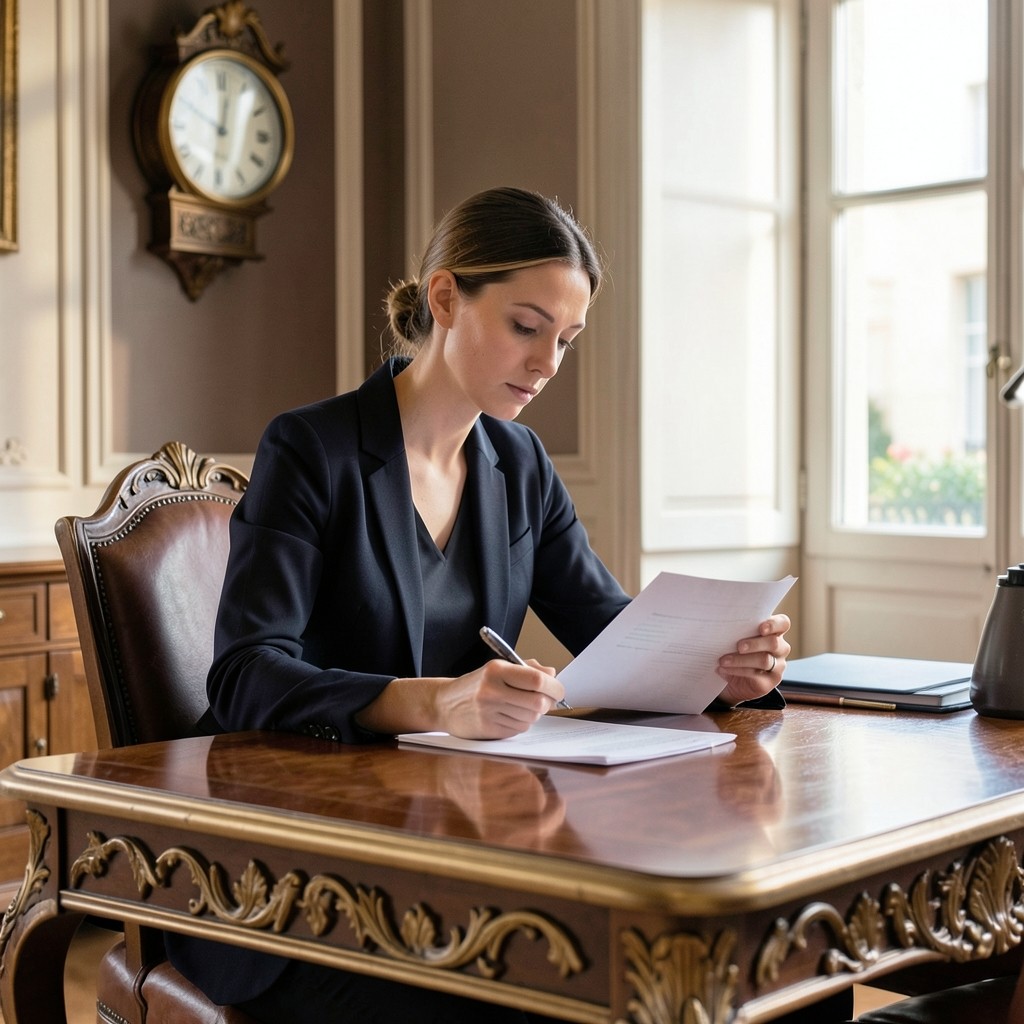 Consultante examinant une convention de stage signée entre employeur, établissement et stagiaire